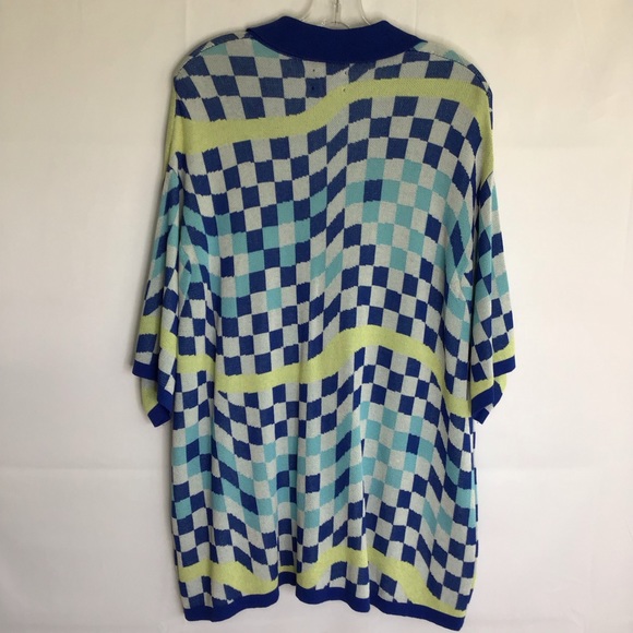 ASOS DESIGN MEN BLUE CHECKEREDBOARD KNITTED OVERSIZED BUTTON SHIRT SIZE M - Picture 2 of 8